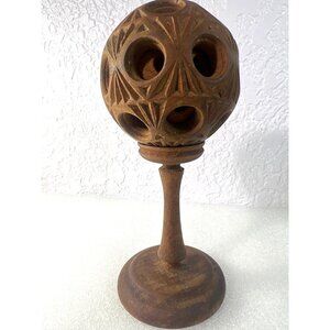 Vtg Hand-Carved Natural Wooden Puzzle Ball on Pedestal Folk Art Decor Ball in Ba